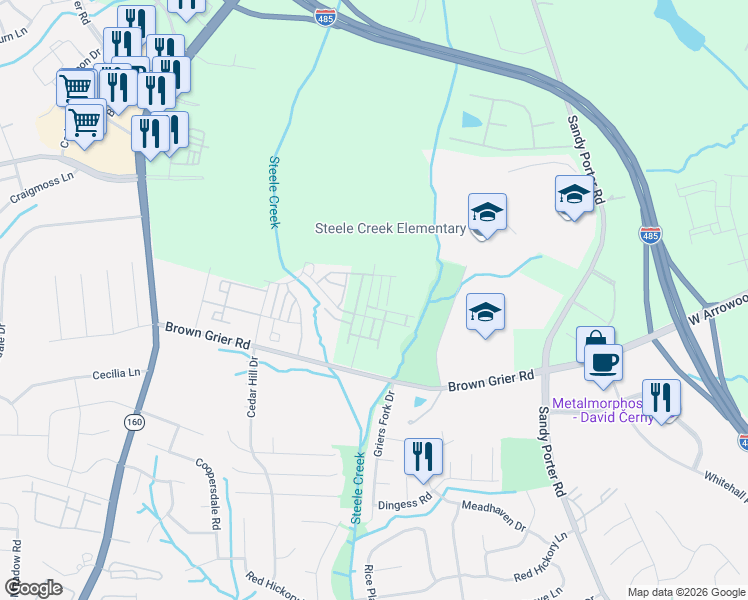 map of restaurants, bars, coffee shops, grocery stores, and more near 13815 Brown Grier Road in Charlotte