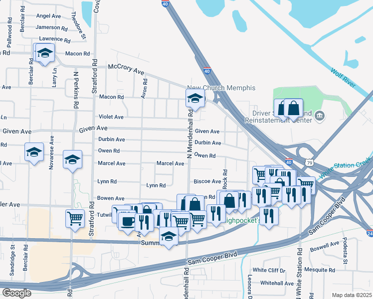 map of restaurants, bars, coffee shops, grocery stores, and more near 877 North Mendenhall Road in Memphis