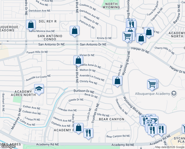 map of restaurants, bars, coffee shops, grocery stores, and more near 7206 Welton Drive Northeast in Albuquerque