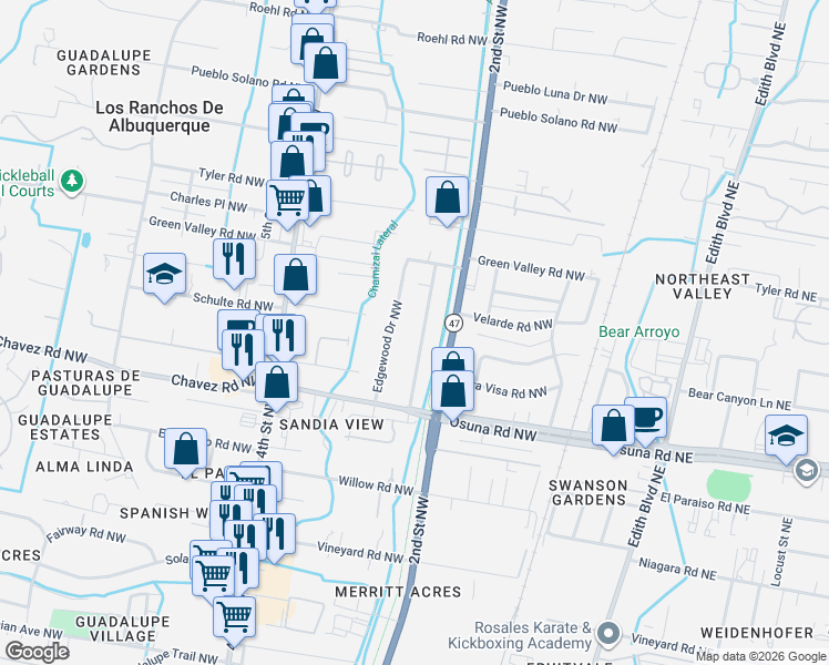 map of restaurants, bars, coffee shops, grocery stores, and more near 6670 Edgewood Drive Northwest in Los Ranchos de Albuquerque
