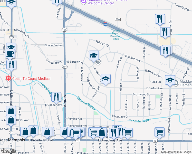 map of restaurants, bars, coffee shops, grocery stores, and more near 1010 East Barton Avenue in West Memphis