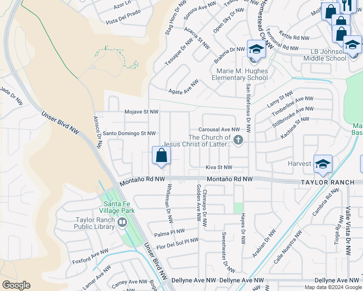 map of restaurants, bars, coffee shops, grocery stores, and more near 6225 Picture Rock Place Northwest in Albuquerque