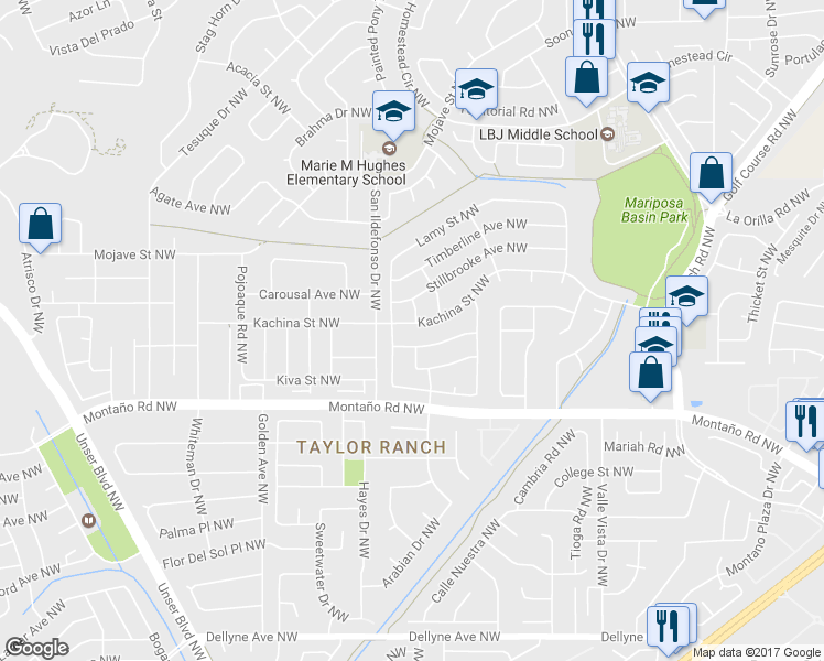 map of restaurants, bars, coffee shops, grocery stores, and more near 5724 Kachina Street Northwest in Albuquerque