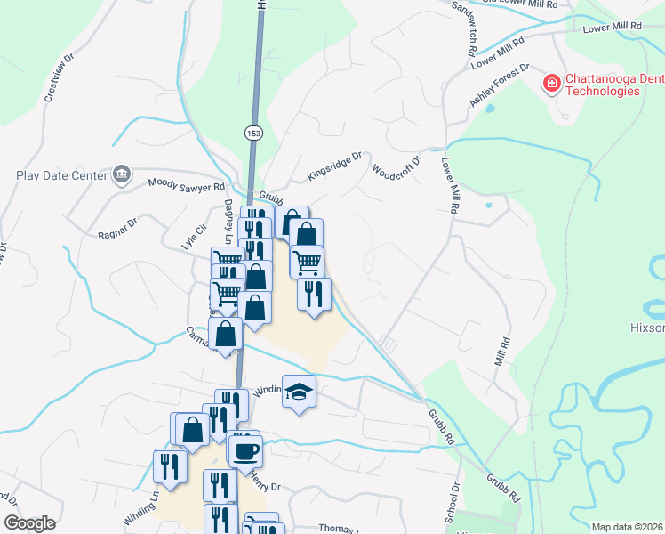 map of restaurants, bars, coffee shops, grocery stores, and more near 5850 Grubb Road in Chattanooga
