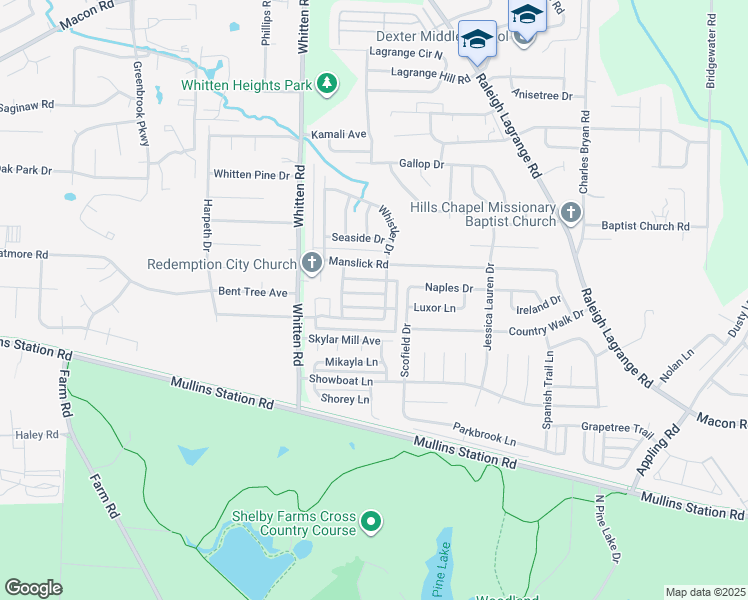 map of restaurants, bars, coffee shops, grocery stores, and more near 6900 Wrigley Drive in Shelby County