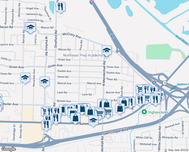 map of restaurants, bars, coffee shops, grocery stores, and more near 4839 Durbin Avenue in Memphis