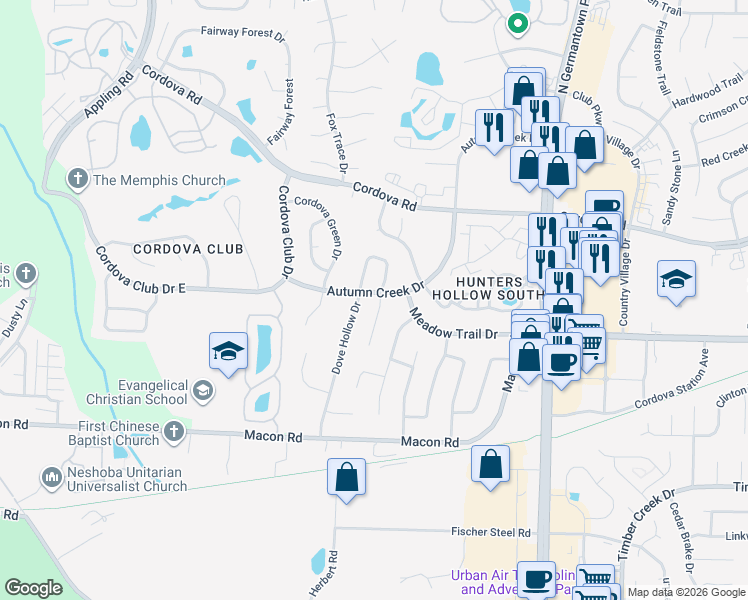 map of restaurants, bars, coffee shops, grocery stores, and more near 1118 Dove Hollow Circle West in Memphis