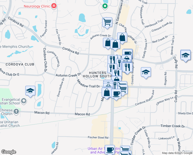 map of restaurants, bars, coffee shops, grocery stores, and more near 1165 Hunter's Lake Drive in Memphis