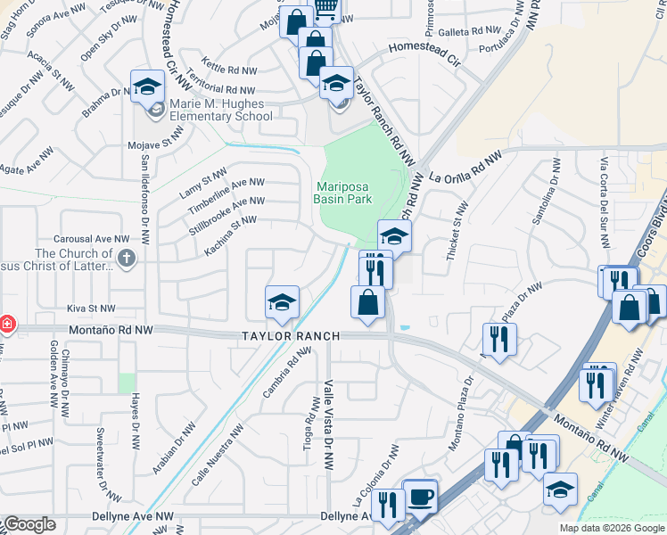 map of restaurants, bars, coffee shops, grocery stores, and more near 6316 Montano Pointe Road Northwest in Albuquerque