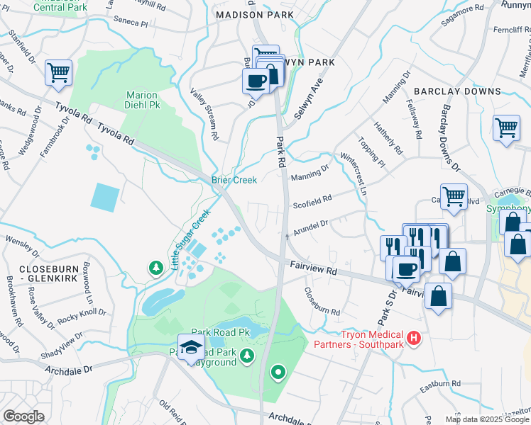 map of restaurants, bars, coffee shops, grocery stores, and more near 2903 Castleberry Court in Charlotte