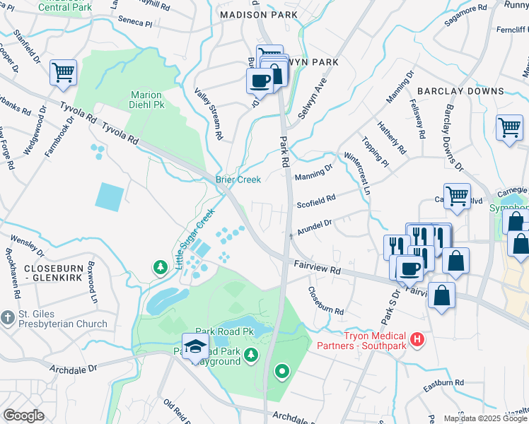 map of restaurants, bars, coffee shops, grocery stores, and more near 2903 Castleberry Court in Charlotte
