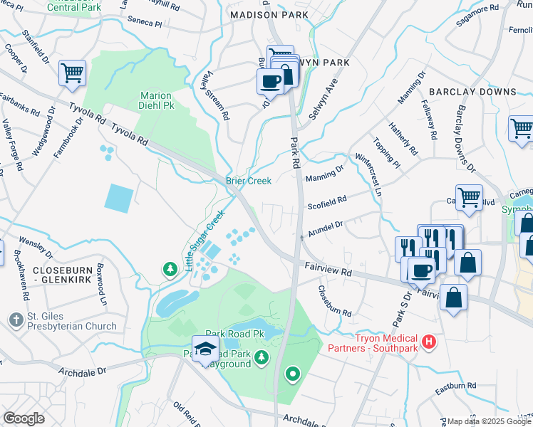 map of restaurants, bars, coffee shops, grocery stores, and more near 2903 Castleberry Court in Charlotte