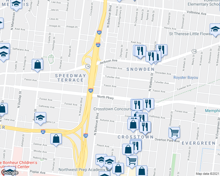 map of restaurants, bars, coffee shops, grocery stores, and more near 1228 Faxon Avenue in Memphis