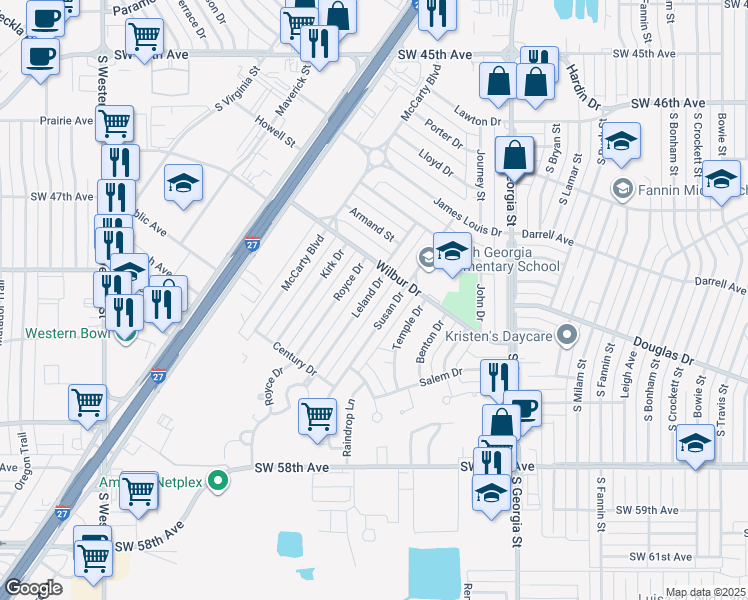 map of restaurants, bars, coffee shops, grocery stores, and more near 5111 Leland Drive in Amarillo