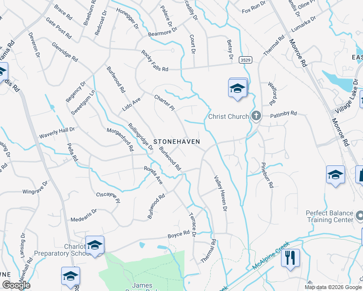 map of restaurants, bars, coffee shops, grocery stores, and more near 6627 Woodmont Place in Charlotte