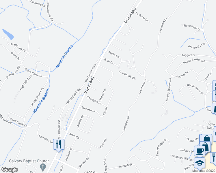 map of restaurants, bars, coffee shops, grocery stores, and more near 5733 North Morgan Lane in Chattanooga