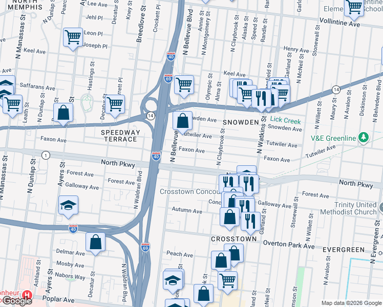 map of restaurants, bars, coffee shops, grocery stores, and more near 1229 Faxon Avenue in Memphis