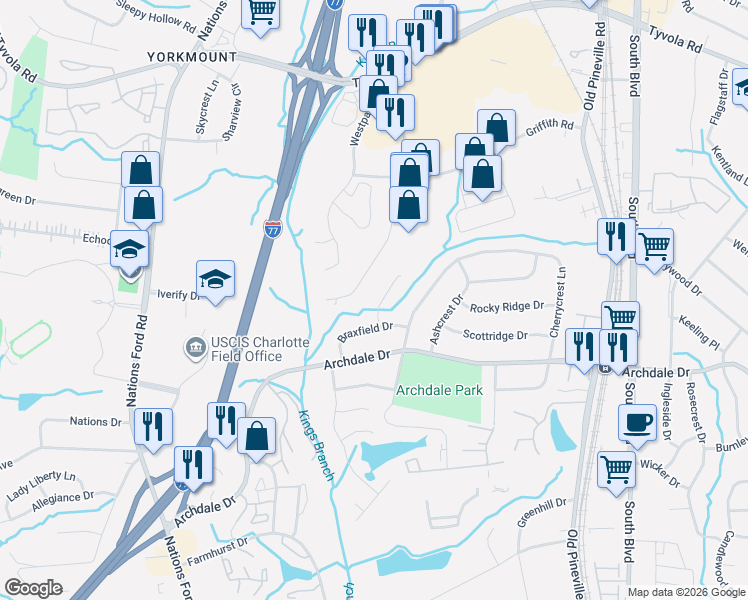 map of restaurants, bars, coffee shops, grocery stores, and more near 6101 Kenley Lane in Charlotte