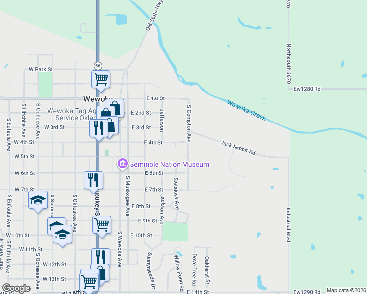 map of restaurants, bars, coffee shops, grocery stores, and more near 516 East 4th Street in Wewoka