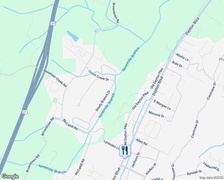 map of restaurants, bars, coffee shops, grocery stores, and more near 5638 Shady Branch Drive in Chattanooga