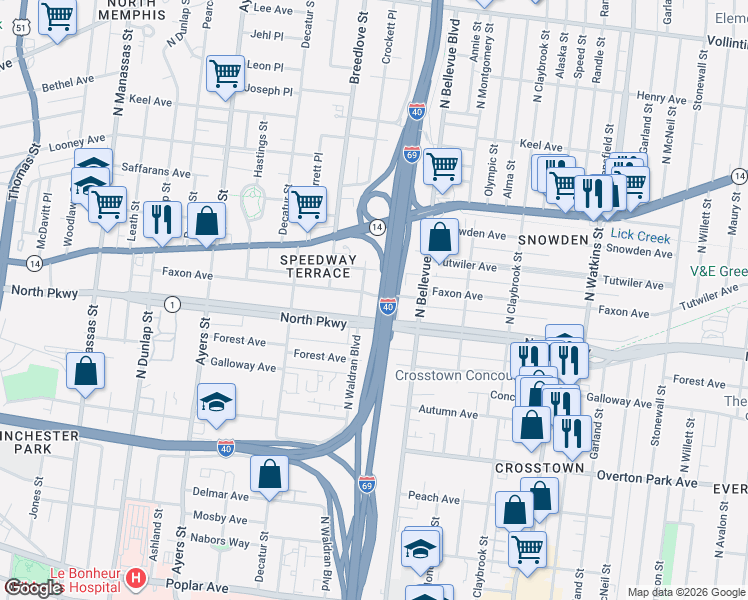 map of restaurants, bars, coffee shops, grocery stores, and more near 1121 Faxon Avenue in Memphis