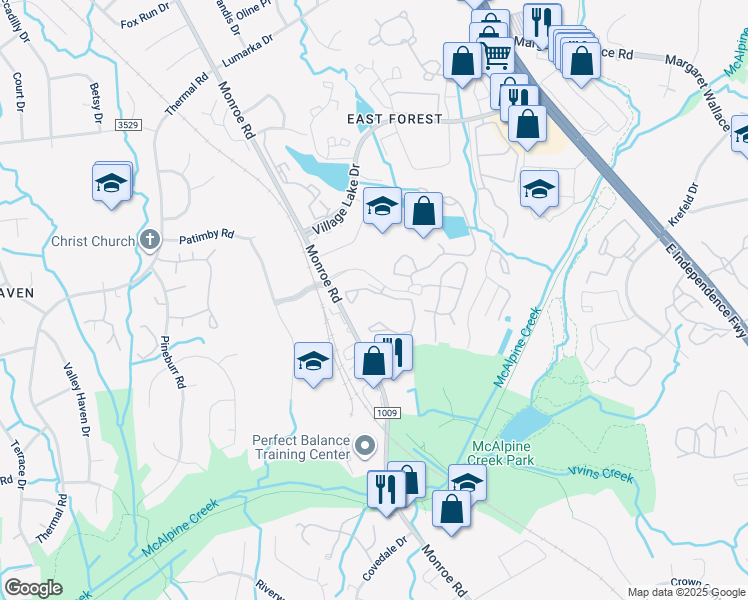map of restaurants, bars, coffee shops, grocery stores, and more near 1700 Charleston Place Lane in Charlotte