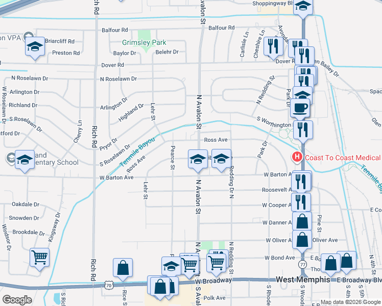 map of restaurants, bars, coffee shops, grocery stores, and more near 814 North Avalon Street in West Memphis