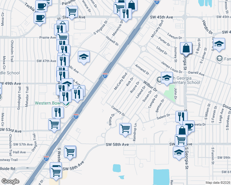 map of restaurants, bars, coffee shops, grocery stores, and more near 5126 Kirk Drive in Amarillo