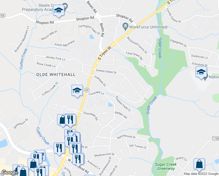 map of restaurants, bars, coffee shops, grocery stores, and more near 1136 Yorkdale Drive in Charlotte
