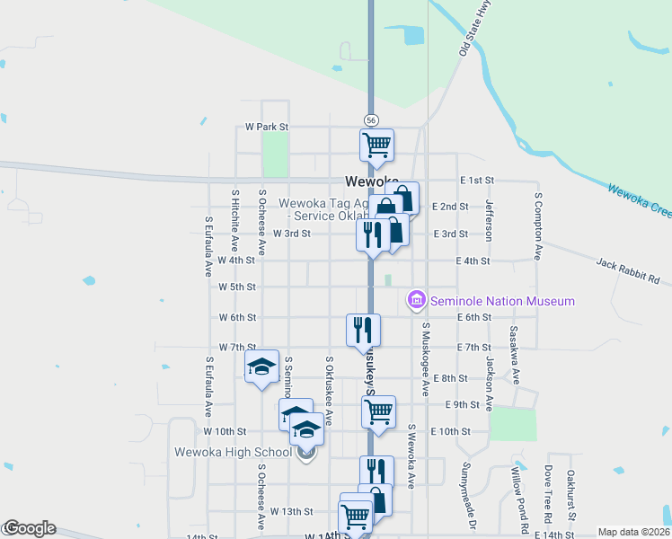 map of restaurants, bars, coffee shops, grocery stores, and more near 402 South Okfuskee Avenue in Wewoka