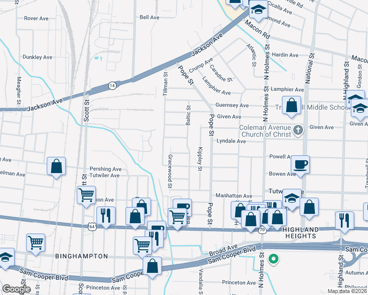 map of restaurants, bars, coffee shops, grocery stores, and more near 841 Baltic Street in Memphis