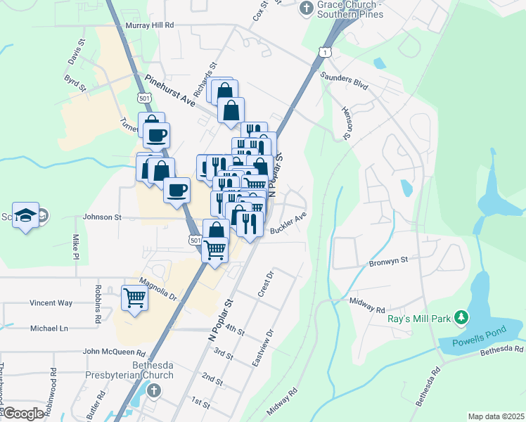 map of restaurants, bars, coffee shops, grocery stores, and more near 1832 North Sandhills Boulevard in Aberdeen