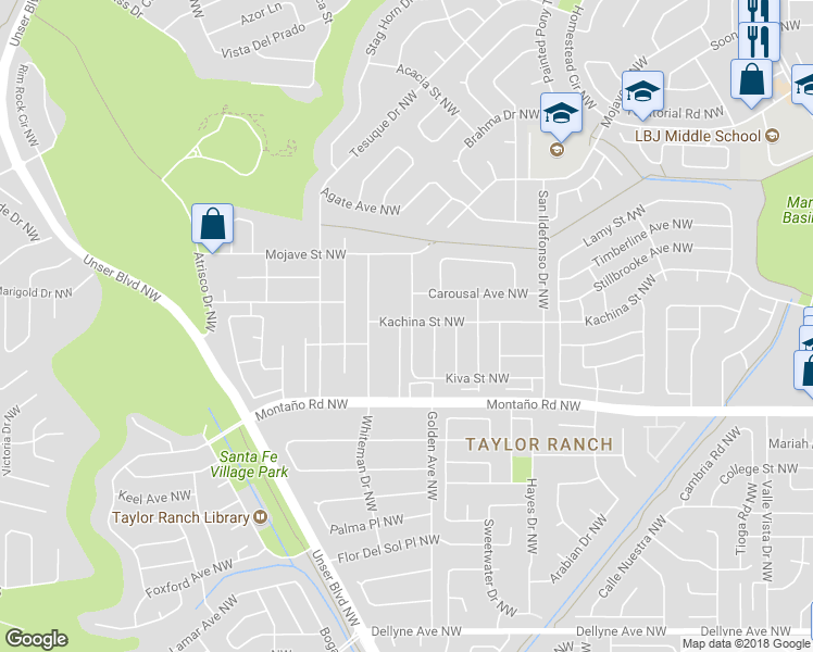 map of restaurants, bars, coffee shops, grocery stores, and more near 6228 Picture Rock Place Northwest in Albuquerque