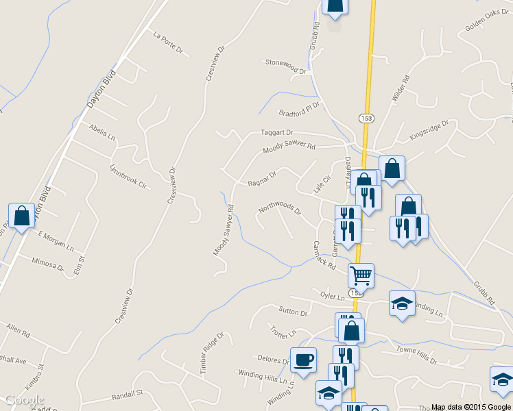map of restaurants, bars, coffee shops, grocery stores, and more near 5905 Northwoods Drive in Chattanooga