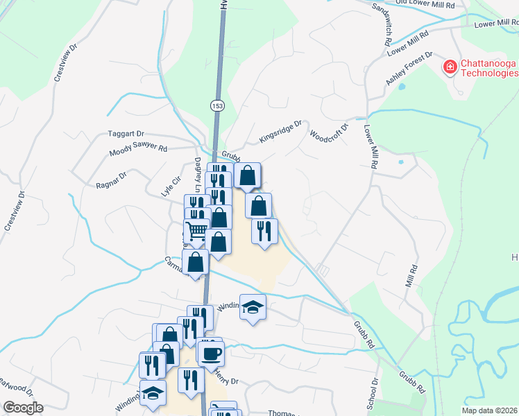 map of restaurants, bars, coffee shops, grocery stores, and more near 5850 Grubb Road in Chattanooga