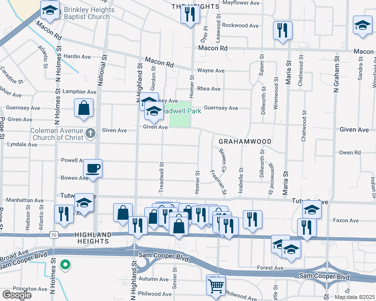 map of restaurants, bars, coffee shops, grocery stores, and more near 3621 Coleman Ave in Memphis