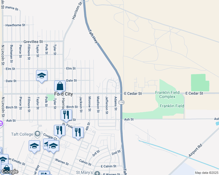 map of restaurants, bars, coffee shops, grocery stores, and more near 340 Jefferson Street in Taft