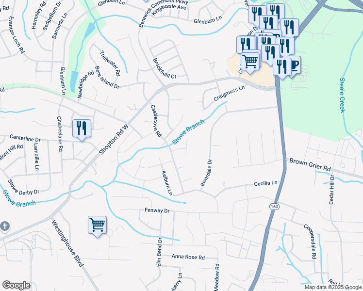 map of restaurants, bars, coffee shops, grocery stores, and more near 5933 Stirlingshire Court in Charlotte