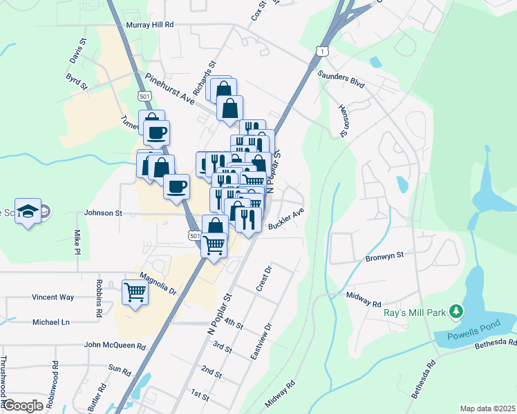 map of restaurants, bars, coffee shops, grocery stores, and more near 1832 North Sandhills Boulevard in Aberdeen