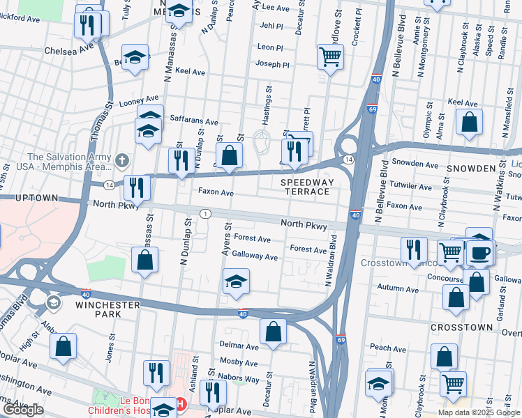map of restaurants, bars, coffee shops, grocery stores, and more near 954 E Pkwy North in Memphis