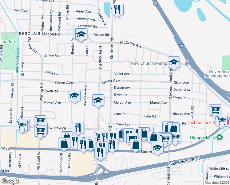 map of restaurants, bars, coffee shops, grocery stores, and more near 4664 Owen Road in Memphis