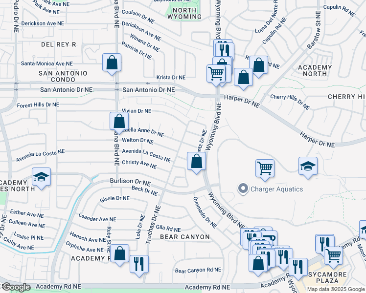 map of restaurants, bars, coffee shops, grocery stores, and more near 7400 Luella Anne Drive Northeast in Albuquerque
