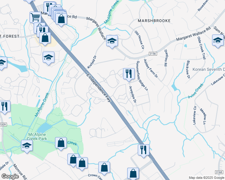 map of restaurants, bars, coffee shops, grocery stores, and more near 7908 Woodway Oak Circle in Matthews