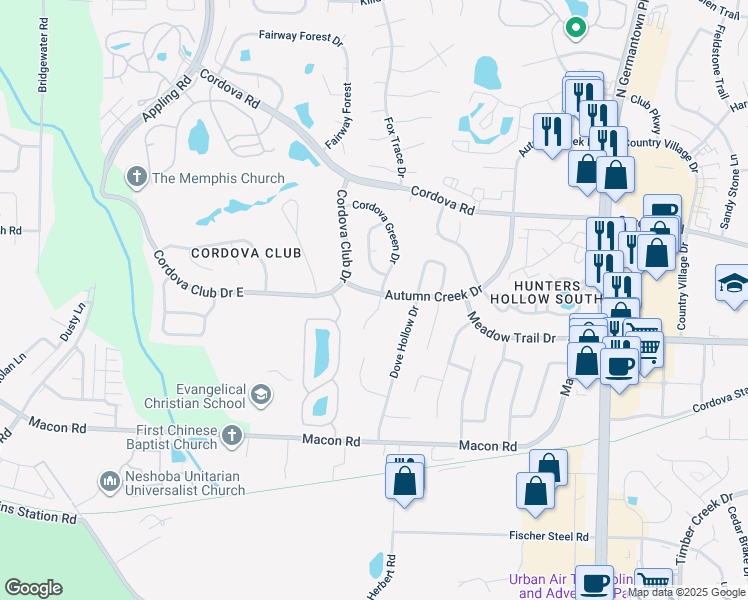 map of restaurants, bars, coffee shops, grocery stores, and more near 7727 Autumn Creek Drive in Memphis