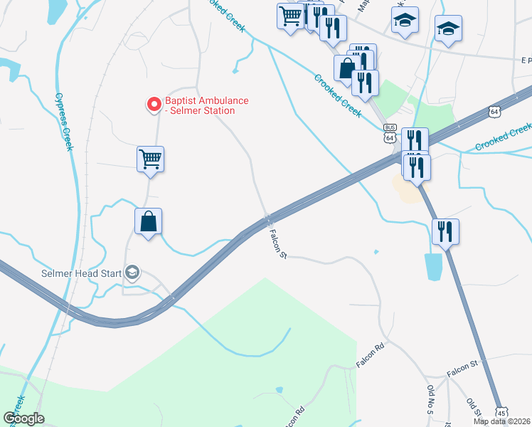 map of restaurants, bars, coffee shops, grocery stores, and more near Selmer Heights in Selmer