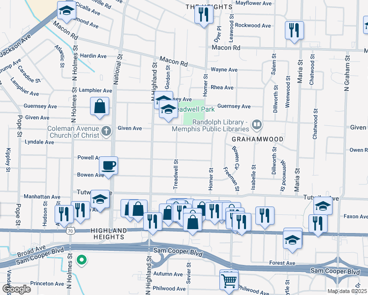 map of restaurants, bars, coffee shops, grocery stores, and more near 3579 Coleman Avenue in Memphis