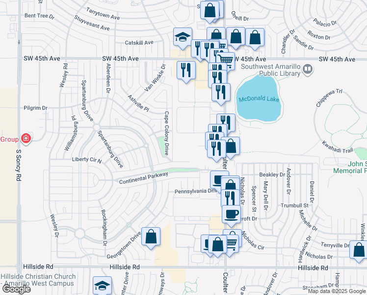 map of restaurants, bars, coffee shops, grocery stores, and more near 5040 Coulter Street South in Amarillo
