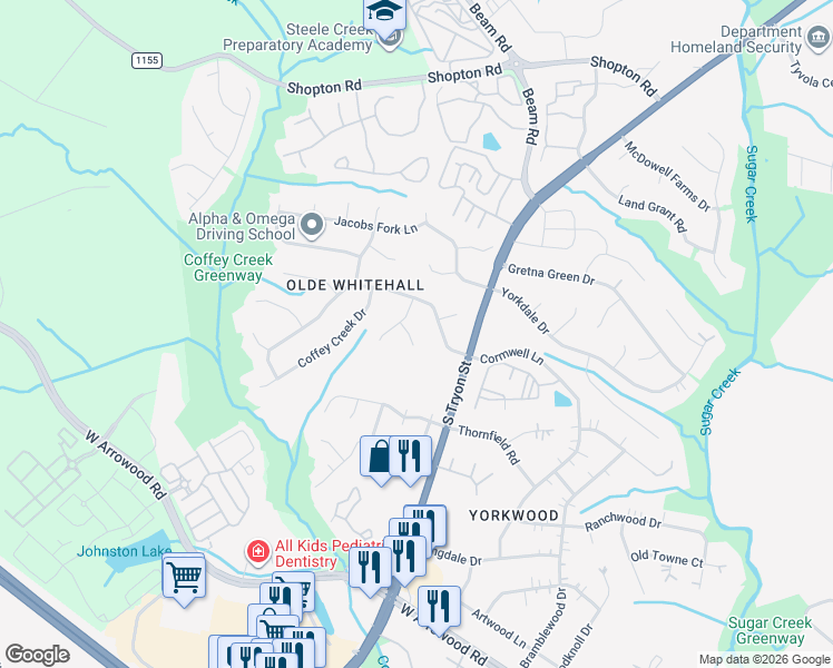 map of restaurants, bars, coffee shops, grocery stores, and more near 2416 Wooden Peg Court in Charlotte