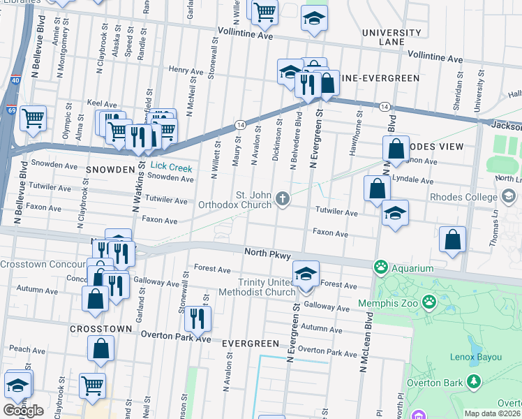 map of restaurants, bars, coffee shops, grocery stores, and more near 1625 Tutwiler Avenue in Memphis