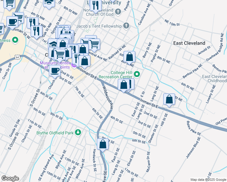 map of restaurants, bars, coffee shops, grocery stores, and more near 575 1st Street Southeast in Cleveland